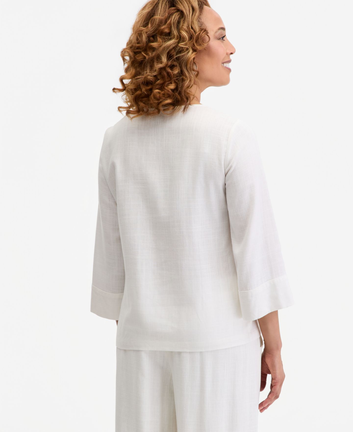 Женский топ JM Collection Split-Neck Beaded Linen-Blend 3/4-Sleeve Top, цвет: Яркий белый — фото 4