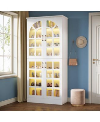 68.94" Tall Shoe Cabinet with Doors and Led Lights Set of 2, 8-Tier Wooden Shoe Rack Organizer with Adjustable Shelves