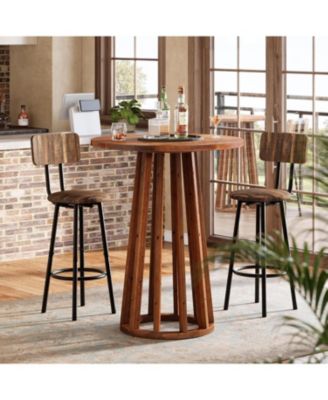 37.6 inch H Round Bar Table, Farmhouse Wooden Bistro Pub Table with Solid Wood Legs
