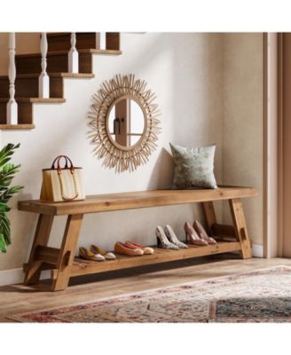 63" Solid Wood Bench, 2-Tier Shoe Rack, Farmhouse Entryway Bench with Storage Shelf, Kitchen Dining Bench