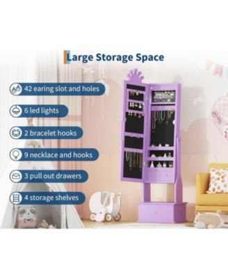 Kids Jewelry Armoire with Full-Length Mirror and LED Light, Child Jewelry Cabinet with 3 Storage Drawers