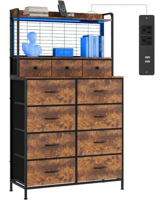 Rustic Dresser for Bedroom with Charging Station, App-Controlled RGB LED, Tall Dresser Storage Organizer with 11 Fabric Drawers