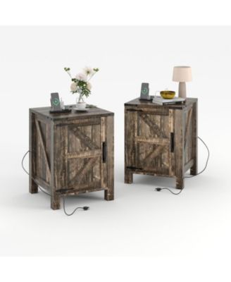 Bedside Tables Set of 2 with USB Charging Station – wood Bedside Tables with Sliding Barn Door, Adjustable Shelf
