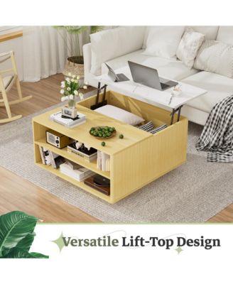 Lift Top Coffee Table with Storage - Fluted Wood Square Center Table with Open Storage, for Living Room, Home Office