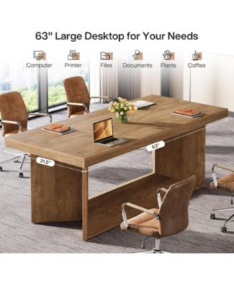 63-Inch Executive Desk, Large Office Computer Desk with Heavy Duty Pedestal, Farmhouse Simple Workstations Writing Table