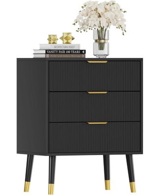 Fluted 3 Drawer Dresser Set of 2, Large Modern Nightstand Cabinet with Gold Metal Handles, End Table Wood Chest of Drawers for Bedroom