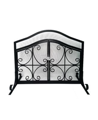 Iron Fireplace Screen 43 Inch with Scrollwork and Mesh Design