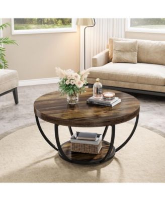 Round Coffee Table, Industrial 2-Tier Circle Coffee Table with Storage Shelves for Living Room, Home Office