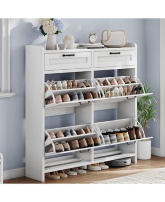 Shoe Cabinet with 4 Flip Drawers & 2 Top Drawers, Wooden Shoe Organizer Cabinet with Adjustable Shelf