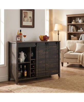 Farmhouse Bar Cabinet with Sliding Barn Doors, Rustic Liquor & Coffee Station with Wine Glass Racks & Adjustable Shelves.