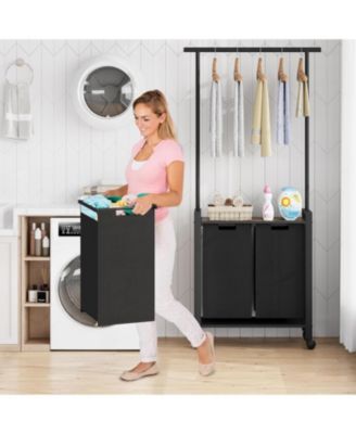 Rolling Laundry Sorter Hamper 2 Section Basket with Hanging Rack Plus Wheels Organizer for Laundry Room