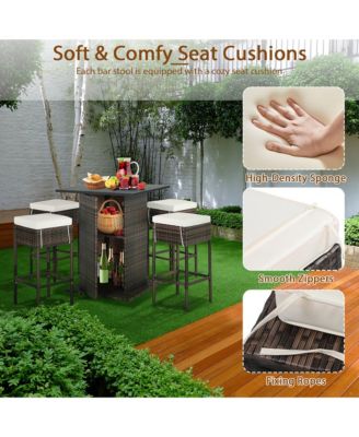 5PCS Patio Bar Set Rattan Bar Furniture Set w/ Table and 4 Cushioned Stools