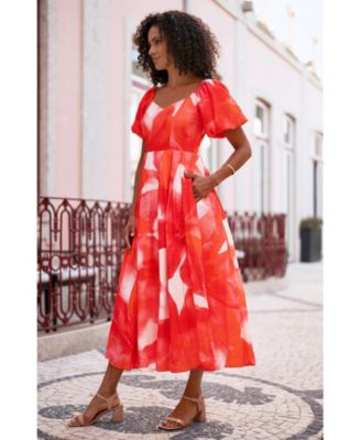 Women's Floral Midi Dress With Puff Sleeves