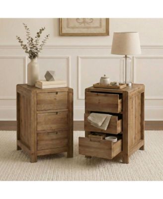 Wood End Table with 3 Drawers Set of 2, Solid Wood Sofa Side Table, Nightstand