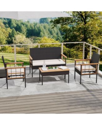 Set of 8 Wicker Furniture Set w/Acacia Wood Tabletop Armrests Cushions for Backyard