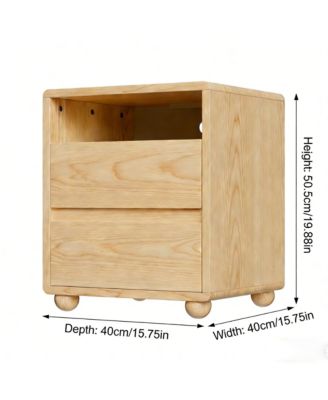 Solid Wood Nightstand - Curved Modern Bedside Table with Charger Station, 2 Drawers and Shelves for Bedroom, Living room