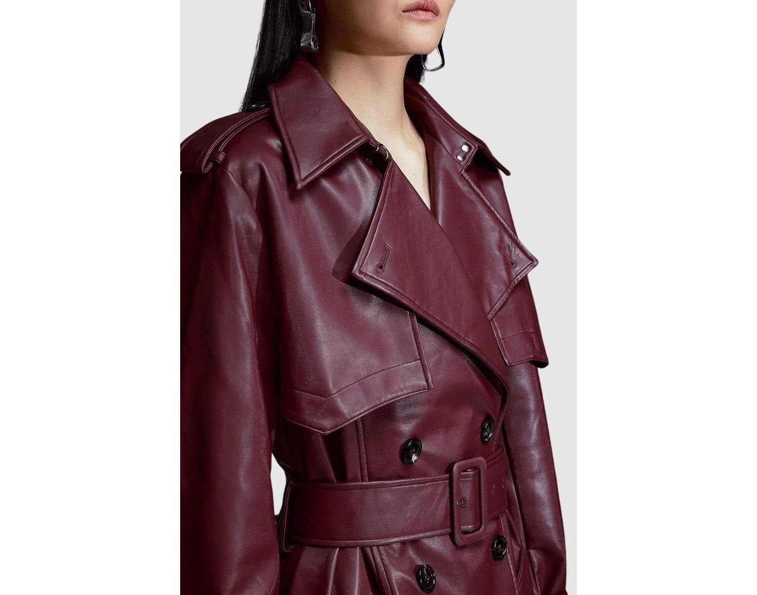 Women's Tailored Faux Leather Belted Trench Coat