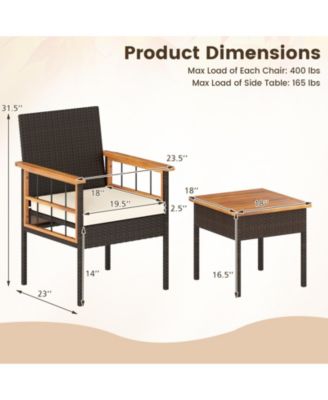 Set of 3 Wicker Furniture Set w/Acacia Wood Tabletop Armrests Cushions for Backyard