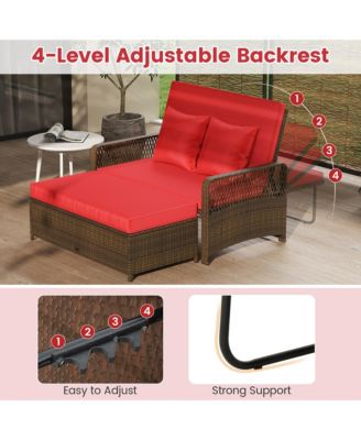 Patio Rattan Daybed Wicker Loveseat Sofa w/ Multifunctional Ottoman