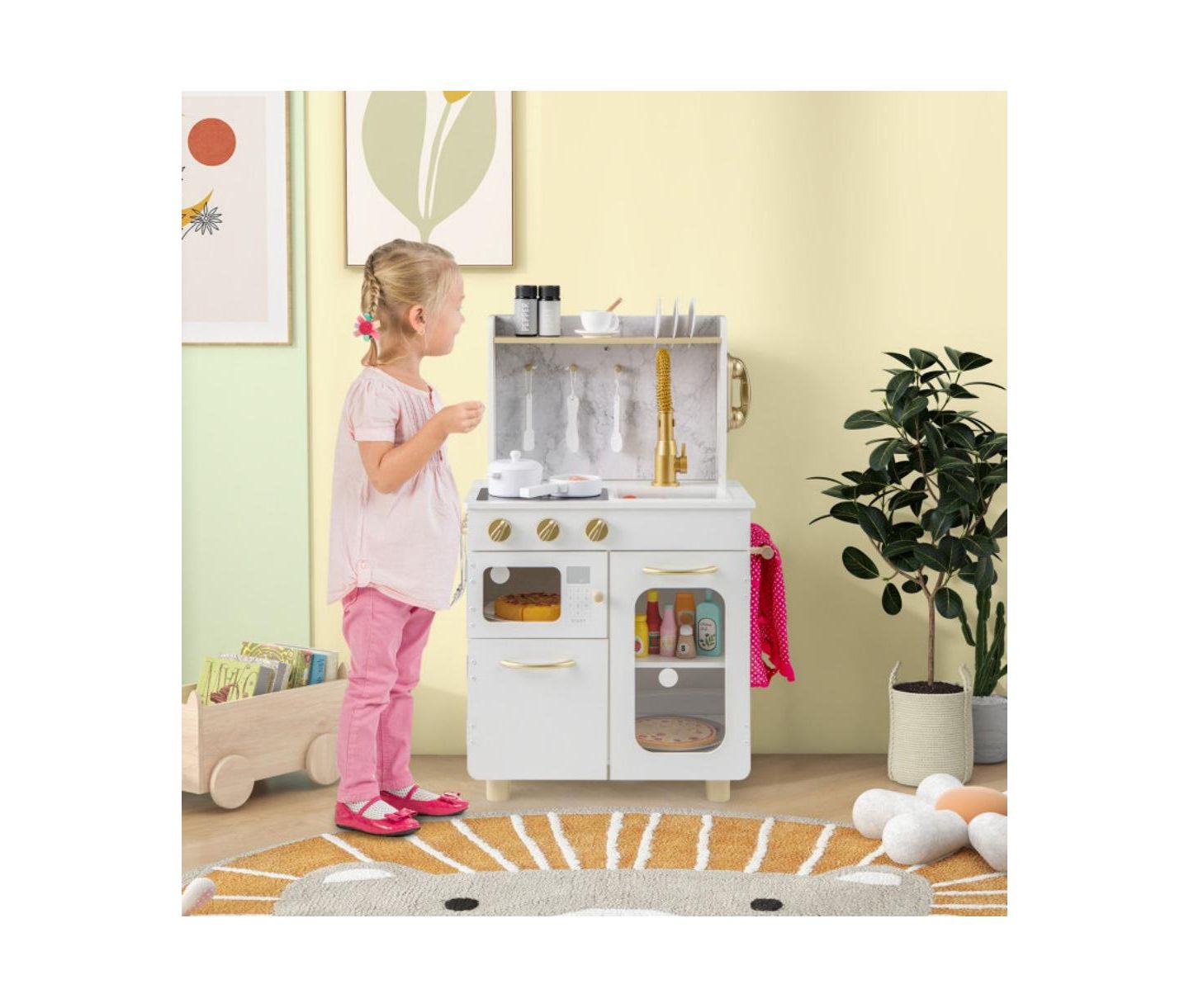 Детские игрушки HONGGE Kids Kitchen Set Pretend Play Kitchen with Stoves Faucet Sink Telephone Microwave and Oven, цвет: Белый — фото 2