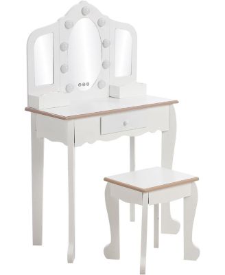 Kids Vanity Table and Chair Set with 3 Mirrors, LED Light & Drawer, Wooden Makeup Set