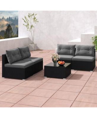 Set Of 5 Outdoor Furniture Set w/ Seat and Back Cushions Tempered Glass Tabletop