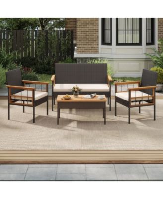 Set of 4 Wicker Furniture Set w/Acacia Wood Tabletop Armrests Cushions for Backyard