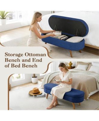 Oval Storage Ottoman Bench - Upholstered End of Bed Bench with Safety Hinge Flip Top and Solid Wood Legs for Bedroom
