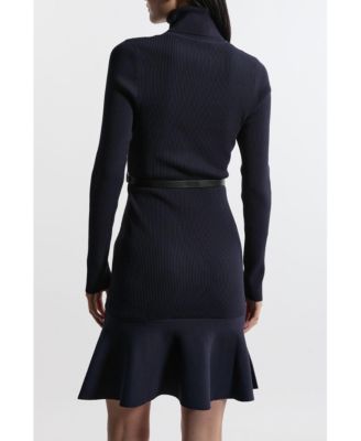 Women's Roll Neck Belted Flippy Hem Mini Dress