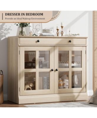 Modern Buffet Cabinet, Sideboard Storage with Glass Doors, Adjustable Shelf Large Drawer Cabinet, Dining Room Kitchen Entryway Cupboard