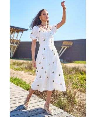Women's Cotton Sunflower Embroidered Midi Dress