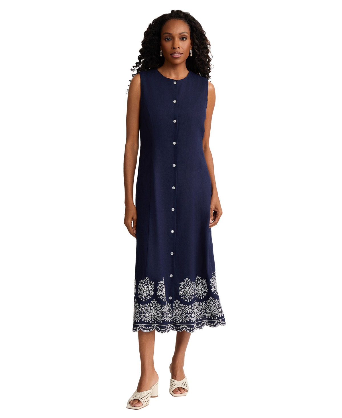 Женские платья Jones New York Women's Sleeveless Linen Blend Eyelet Hem Shirtdress — фото 1