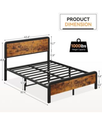 Queen Metal Bed Frame With Wooden Headboard and Footboard Storage Quiet No Box Spring Needed Vintage