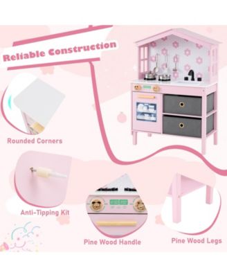 Kids Play Kitchen Toy with 2 Stoves & Rotating Knobs, Wooden Pretend Play Set