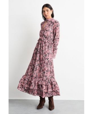 Women's Chiffon Shirred High Neck Midi Dress