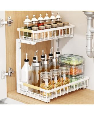 Under Sink Organizer, Under Kitchen Sink Organizers and Storage Basket, Slide Out 2 Tier Metal Shelf, Carbon Steel Pantry Cabinet Organizer