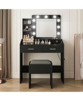Modern Vanity Desk with Large Mirror, Dimmable LED Lights, Power Outlet, 7 Drawers & Cushioned Stool