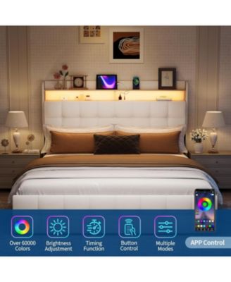 Full Size Bed Frame with 2 Storage Drawers, Upholstered Bed Frame Full LED Light, Double-Layer Bedside Headboard Charging Socket USB
