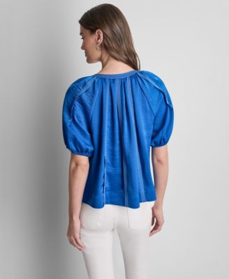 Women's Puff-Sleeve Top Stitch Tie-Front Top