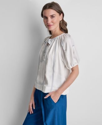 Women's Puff-Sleeve Top Stitch Tie-Front Top