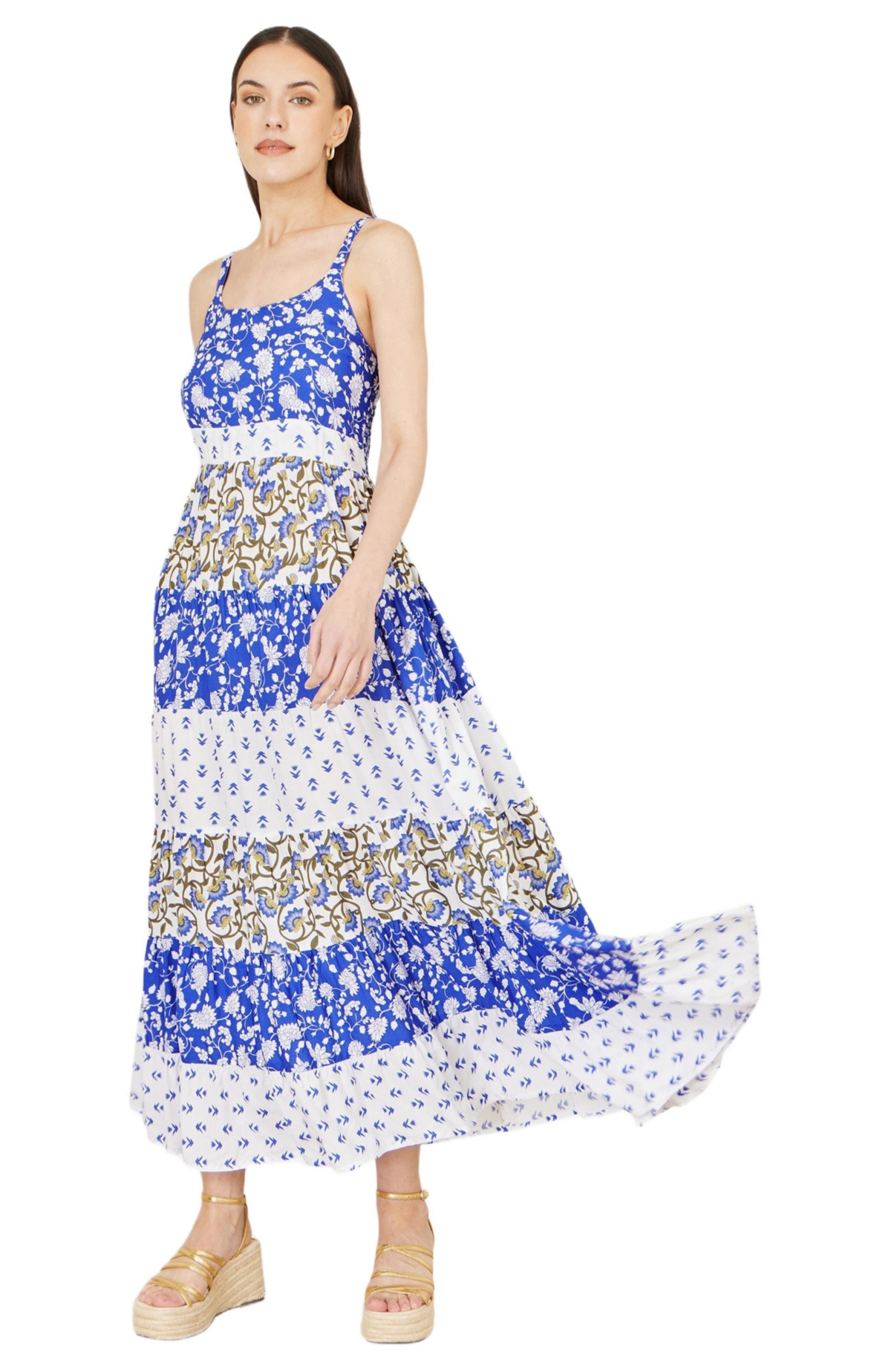 Yumi Women's Patchwork Print Tiered Maxi Dress
