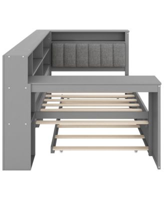 Twin Wood Platform Bed with Storage, Trundle, Charging Ports, LED Lighting, and Desk Headboard