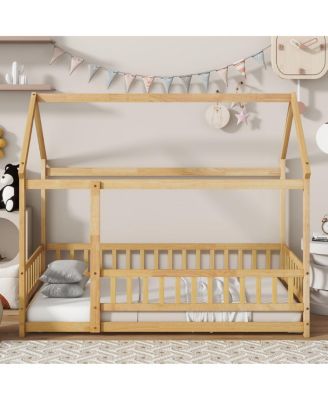 Streamdale Twin Size House Floor Bed with Roof Frame & Guardrails