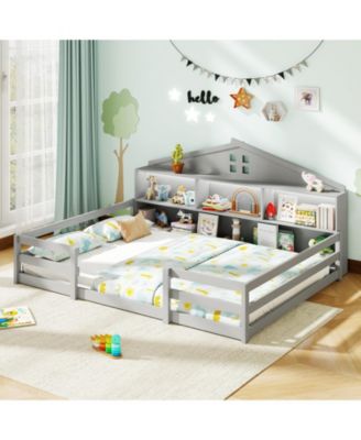 Montessori Floor Bed with Storage Compartments and Shelf
