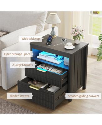 24" Modern LED Nightstand with 3 Drawers and Charging Station