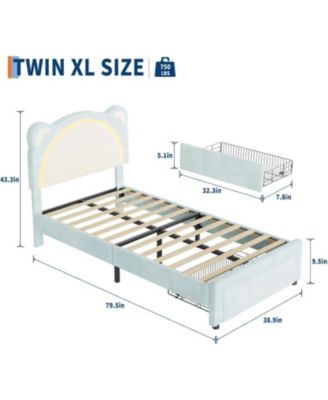 Twin XL Upholstered Bed Frame Adjustable Headboard and Smart LED Platform Storage Drawer Wood Slats No Box Spring