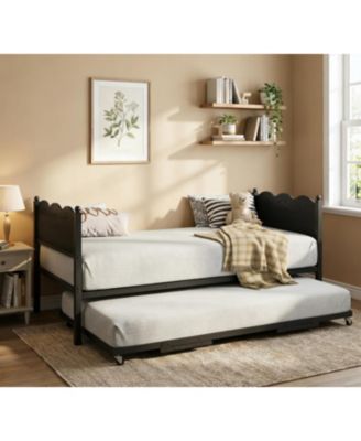 Twin Daybed with Trundle, Industrial Wood Grain Headboard, Steel Slats Support Sofa Bed for Bedroom, Living Room