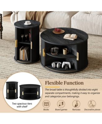 Mid-Century Coffee Table Set, Round Fluted End Table With Storage, Golden Handle and Sliding Tambour Door, Side Table for Living Room