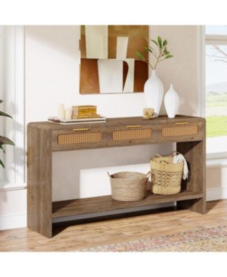 Entryway Table with 3 Rattan Drawers, Narrow Console Sofa Table with 2-Tier Open Storage Shelf