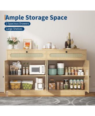 Rattan Sideboard Cabinet with Adjustable Shelves, Buffet with 2 Drawers and 4 Rattan Doors for Dining Room